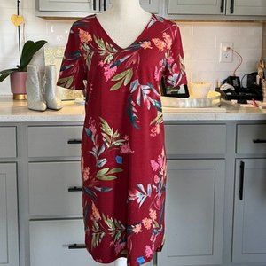 Christian Siriano Red Tropical Print V-neck Dress Back Pleat Size Medium